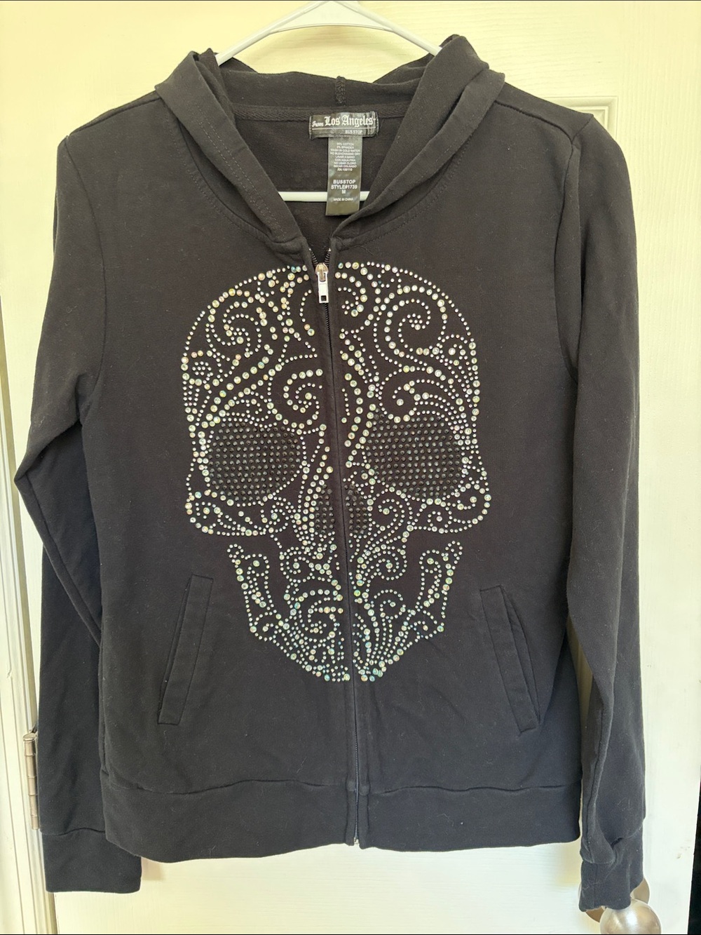 Los Angeles Apparel Black Hoodie with Iridescent Rhinestone Skull